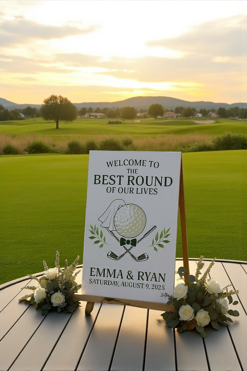 Golf Wedding Welcome Sign – 3x2 Foam Board, Personalized Bride & Groom Names, Golf Themed Wedding Decor, Best Round of Our Lives