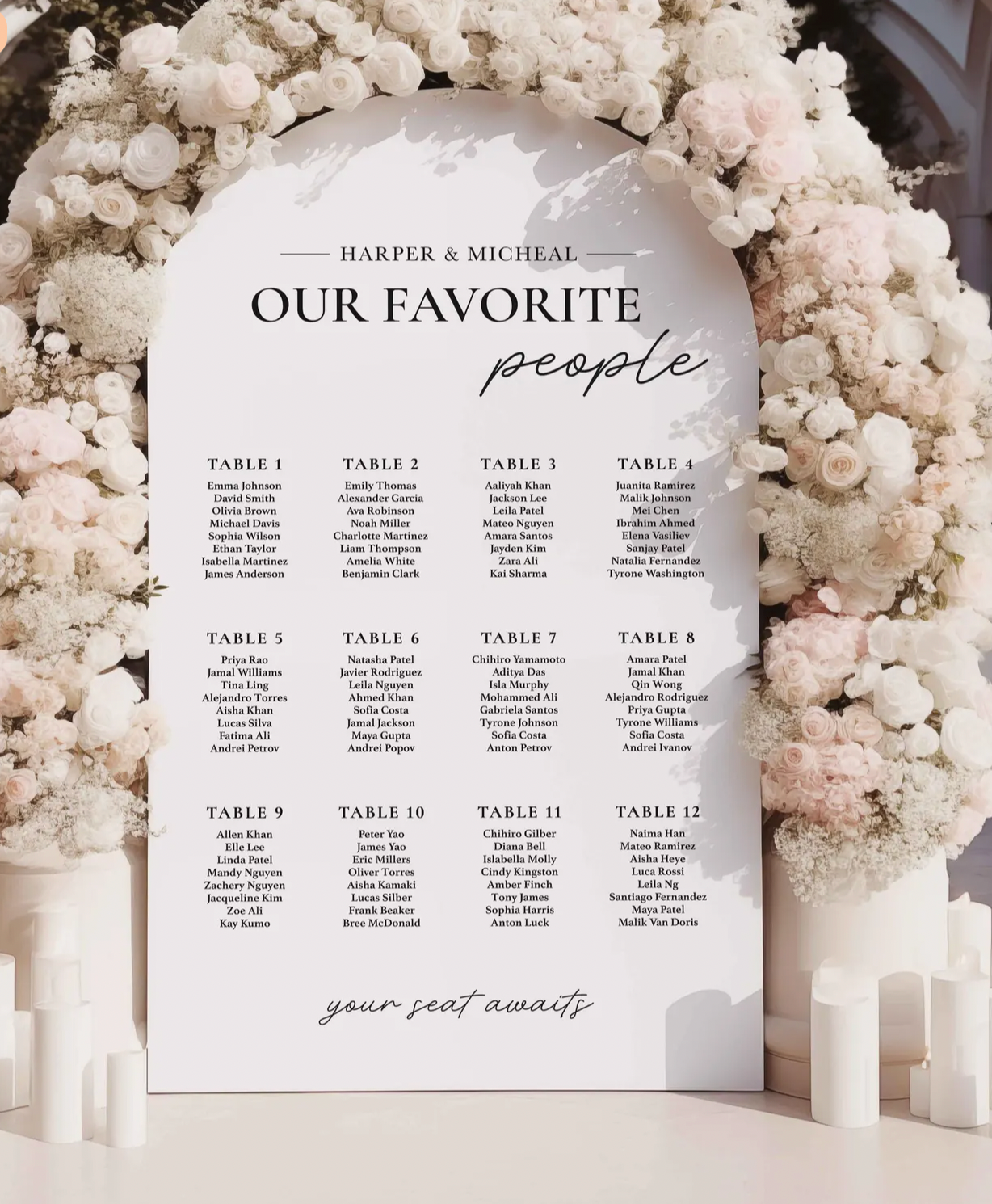 Seating Chart Foam Board, Acrylic Glass, or Wood