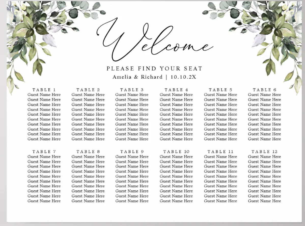 Seating Chart Foam Board, Acrylic Glass, or Wood